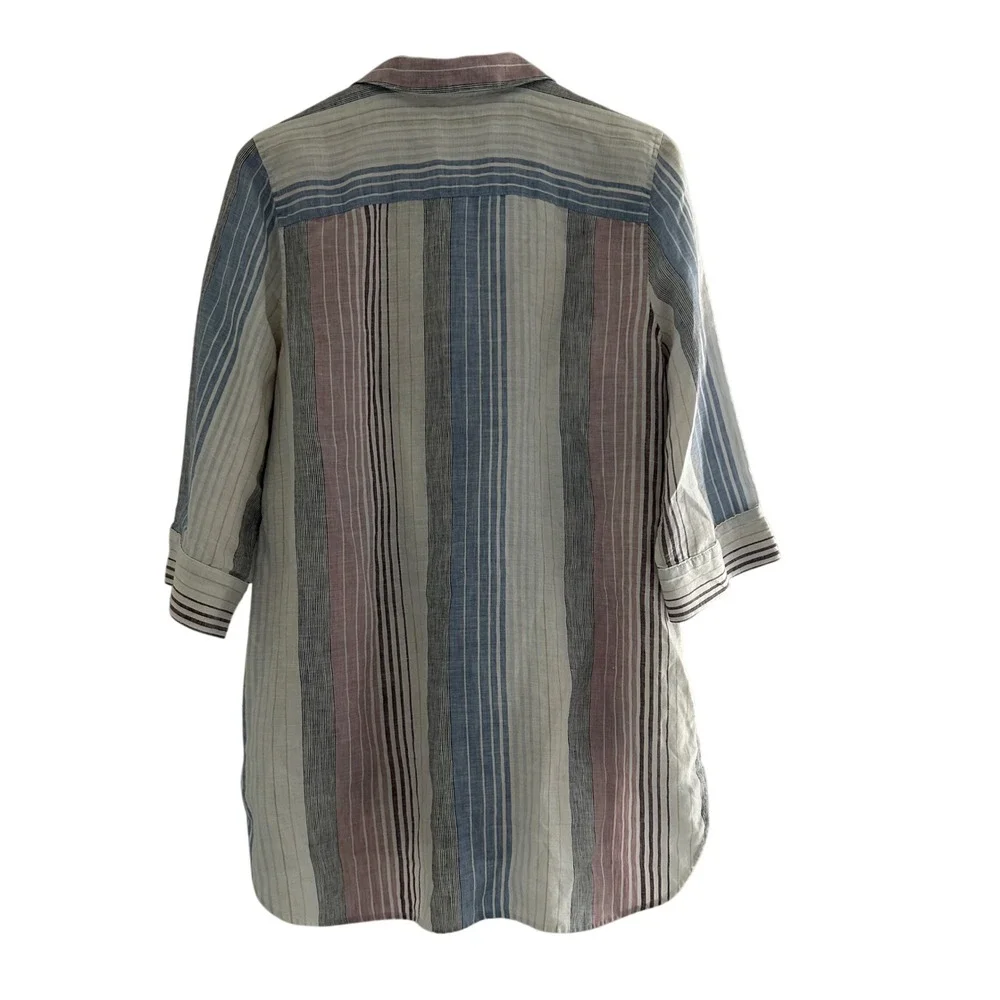 Chicos No Iron 100% Linen Chevron Stripe Button Down Shirt Tunic Blue Red Size 2